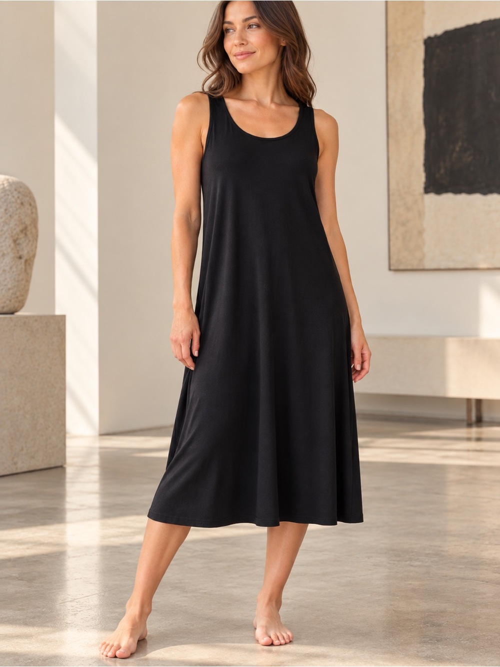 Eileen Fisher System Viscose Jersey Long Tank Dress Black Size M